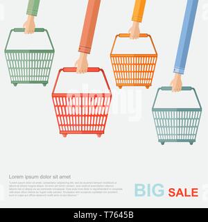 big sale flat illustration. hands hold of perforated shopping baskets isolated on white Stock Vector