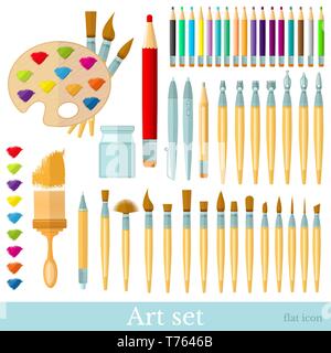 Brushes, color pencils, pens and all colour brushstroke. Big set of flat tools for drawing and paintind isolated on white Stock Vector