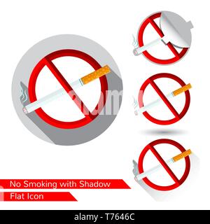 cigarette in red circle. Set of warning fire icons in flat style with different shadow Stock Vector