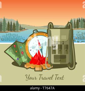 flat travel background with tourists accessories on river sunset landscape Stock Vector