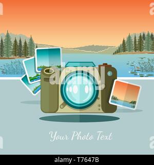 ftat icon camera with photo on landscape background with forest river and mountains Stock Vector