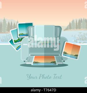 ftat icon printer with photo on landscape background with forest river and mountains Stock Vector