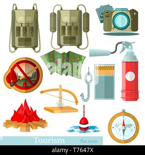 Set of flat tourism icons isolated on white Stock Vector