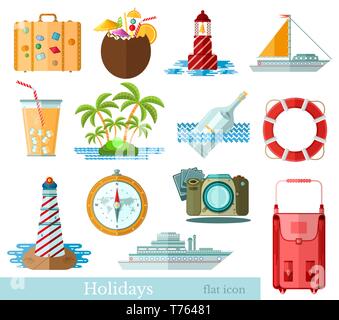 Set of flat vacation and holidays icons isolated on white Stock Vector