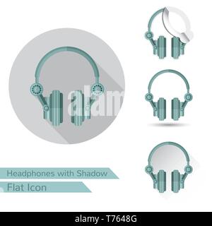 set of headphones icons in flat style with different shadow. Oval shadow, long shadow Stock Vector