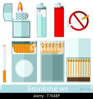 Set of smoking equipments flat icons on white. Cigarette, matches, pack of cigarette, lighter and cigarette lighter Stock Vector