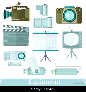 Set of technology flat icons on white. camera, television, flash drive, screen, video camera, photo camera, movie clapperboard and projector Stock Vector