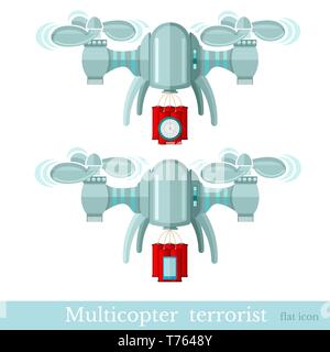 Two multicopter or quadcopter with bomb and dynamite for terrorist attack in flat style isolated on white Stock Vector