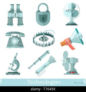 Set of different device in flat istyle, on white background. Trap, telephone, fan, lock; spyglass, megaphone, binoculars, microscope and flashlight Stock Vector