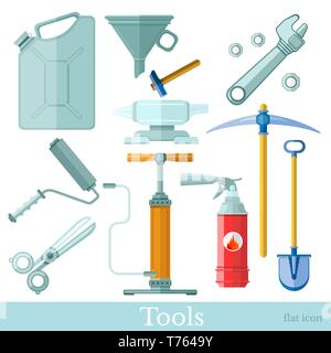 Set of tool and equipments flat icons on white. platen, scissors, anvil, canister, funnel, pickaxe, shovel, pump, wrench and fire extinguisher Stock Vector