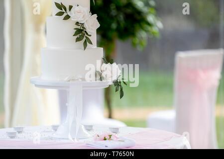 Close up of elegant minimalist wedding cake decorated with white roses on a table in a traditional summer marquee. Stock Photo