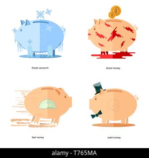 Flat design piggy bank icons concepts of finance and business on white,frozen accounts, fast money, blood money, solid money Stock Vector