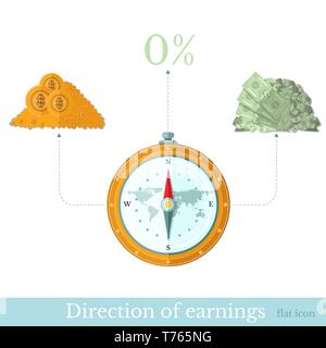 Flat design vector illustration concepts of finance and business, compass and directions to gold and bill Stock Vector