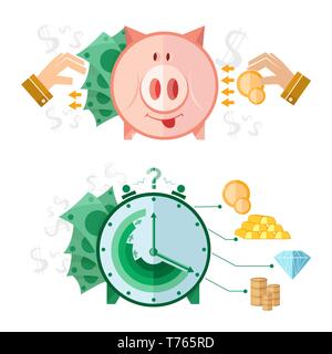 Set of flat design concept icons with piggy bank and clock money Stock Vector