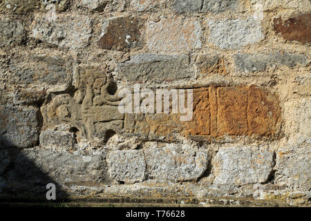 Anglo Saxon or Viking crosses incorporated into wall of St Gregory's Minster, Kirbymoorside, Kirkdale, North Yorkshire, England, United Kingdom Stock Photo