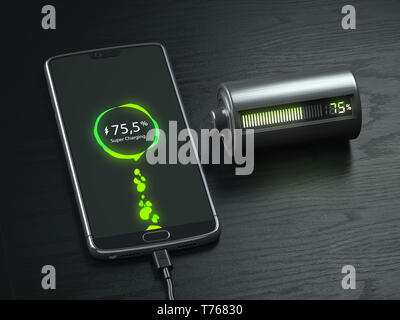 Charging of a mobile phone battery concept.  Smartphone and battery charge indicator on black wooden table. 3d illustration Stock Photo