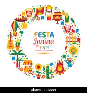 Festa Junina village festival in Latin America. Icons set in bright color. Flat style decoration. Stock Vector