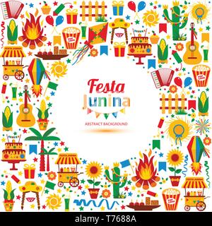 Festa Junina village festival in Latin America. Icons set in bright color. Flat style decoration. Stock Vector