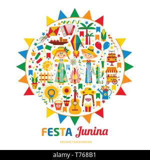 Festa Junina village festival in Latin America. Icons set in bright color. Flat style decoration. Stock Vector