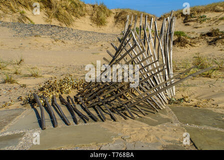 Fallen fence in the dunes, seen on the beach at Seaforth, Liverpool. Stock Photo