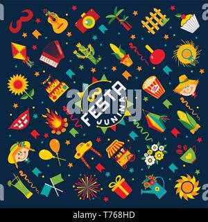 Festa Junina village festival in Latin America. Icons set in bright color. Flat style decoration. Stock Vector
