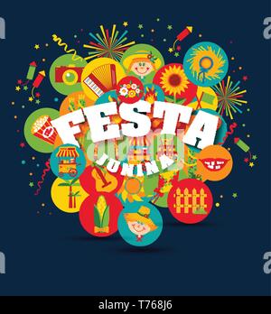 Festa Junina village festival in Latin America. Icons set in bright color. Flat style decoration. Stock Vector