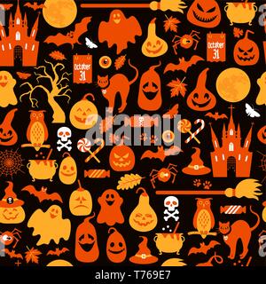 Seamless pattern of halloween with icons and pumpkins. Stock Vector