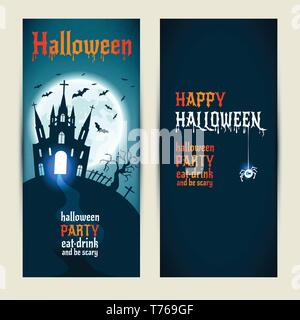 Halloween vertical banners set on blue and darkblue background. Invitation to night party. Vector design template for halloween celebration. Set of au Stock Vector