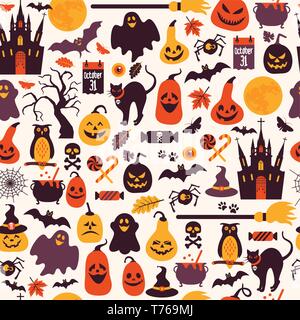 Seamless pattern of halloween for autumn celebration with icons in flat style. Vector design illustration of halloween. Stock Vector