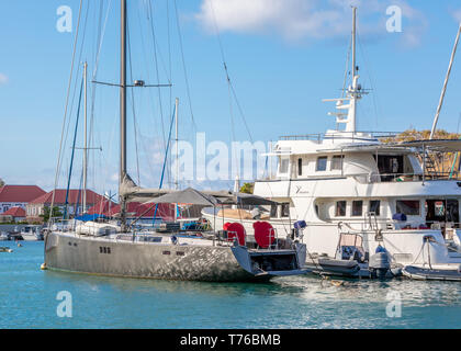Expensive yachts at mooring in the port of Gustavia, St Barts Stock Photo