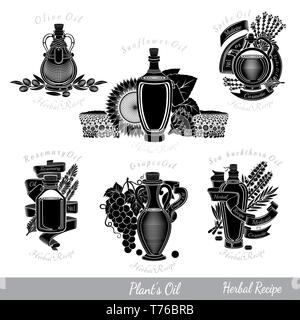 Big set black labels of plant oils for food medicine or cosmetics production. Glass bottles with oil and plants near isolated on white Stock Vector