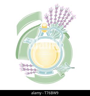 Color engraving label of cosmetics or medecine. Round bottle with lavander oil and flower and ribbon near Stock Vector