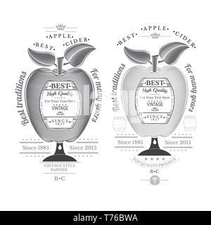 Engraving style apple with barrel for text in the center. Cider label isolated on white Stock Vector