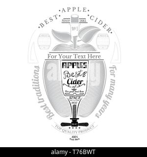 Engraving style apple with glass and corkscrew for text in the center. Cider label isolated on white Stock Vector