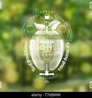 Engraving style apple with glass and corkscrew for text in the center. Silhouette Cider label in the centre of blurred photo of apple harvest Stock Vector