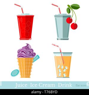 flat fast food drink and ice creame with pack on white Stock Vector