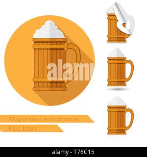 mug with beer and foam flat icon on white with oval long shadow and folded corner Stock Vector
