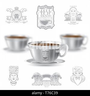 Three realistic mock up cup of coffee and set of silhouette labels on white background. Vector illustration one cup sharp and two cups depth of field Stock Vector