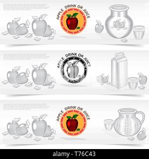 Three square banners of apple juice or drink product. Vector illustration with engraving style Stock Vector