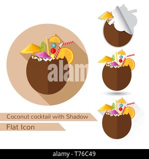 tropic coconut cocktail flat design with oval long shadow and folded corner Stock Vector