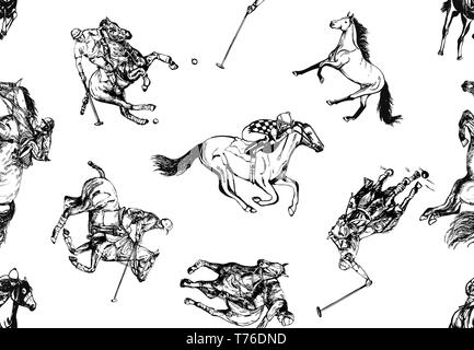 Seamless pattern of hand drawn sketch style abstract polo players isolated on white background. Vector illustration. Stock Vector