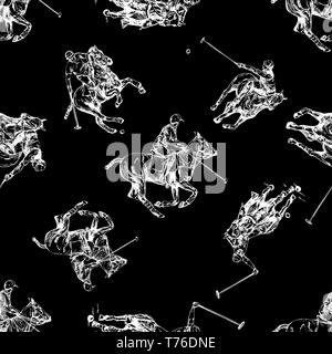 Seamless pattern of hand drawn sketch style abstract polo players isolated on black background. Vector illustration. Stock Vector