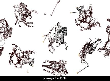 Seamless pattern of hand drawn sketch style abstract polo players isolated on white background. Vector illustration. Stock Vector