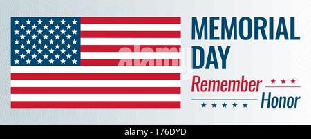 Memorial Day, vector illustration. Remember and honor text with USA flag. Stock Vector