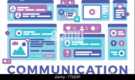 Vector illustration of a social media communication concept. The word communication with colorful cross-platform browser windows Stock Vector