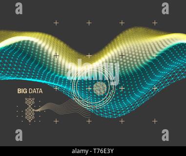 Wave with connected lines and dots. Glowing grid. Connection structure. Wireframe vector illustration. Stock Vector