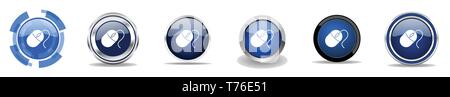 Silver metallic chrome border mouse vector icons, set of click web buttons, round computer toll blue signs in eps 10 Stock Vector