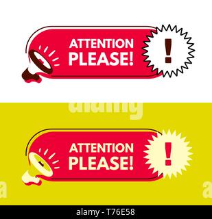 Attention please. Megaphone with bubble speech. Sticker for promotion and advertising. Vector illustration for design or print. Stock Vector