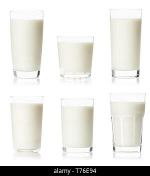 set of various glasses with milk isolated on white background and clipping path Stock Photo