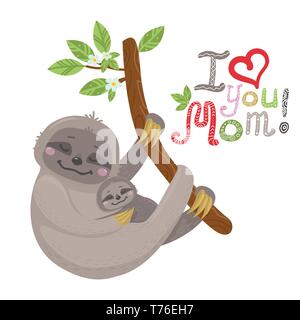 Vector Cute cartoon mother sloth with baby hanging on a treeWith lettering in scandinavian style. Vector illustration for nursery poster, print for cl Stock Vector